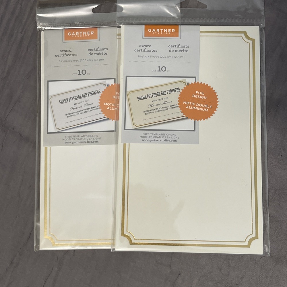 GARTNER STUDIOS Gold Foil Award Certificate 8" x 5" 80 lb. Paper 10 Count NEW